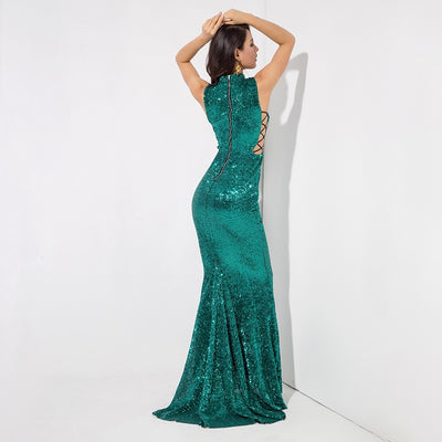 Million Dollar Babe Green Sequin Maxi Fishtail Gown Dress - Fashion Genie Boutique