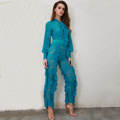 Layered in Lace Blue Lace Ruffle Jumpsuit - Fashion Genie Boutique