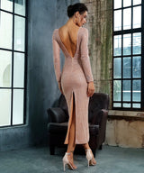 Deep Into You Rose Gold Long Sleeve Glitter Embellished Midi Dress - Fashion Genie Boutique
