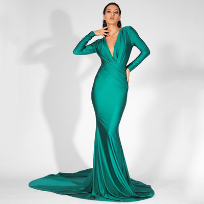 Always Dreaming Green Long Sleeve Fishtail Maxi Gown Dress - Fashion Genie Boutique