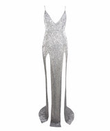 Iconic Silver Sequin Double Split Maxi Party Gown Dress - Fashion Genie Boutique