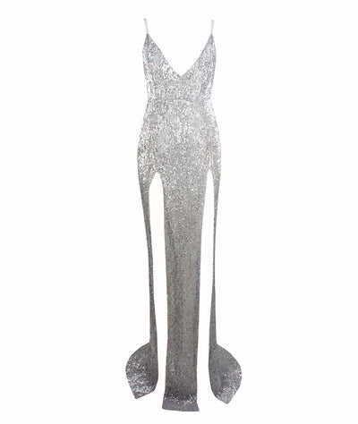 Iconic Silver Sequin Double Split Maxi Party Gown Dress - Fashion Genie Boutique