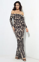 Avella Black & Nude Sequin Bardot Maxi - Fashion Genie Boutique