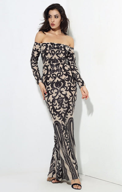 Avella Black & Nude Sequin Bardot Maxi - Fashion Genie Boutique