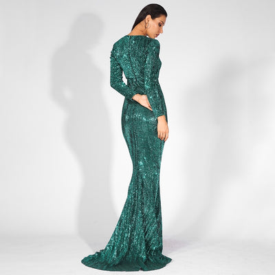 Never Enough Green Sequin Long Sleeve Sleeve Maxi Fishtail Dress - Fashion Genie Boutique