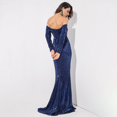 Dressed To Thrill Navy Sequin Bardot Maxi Dress - Fashion Genie Boutique