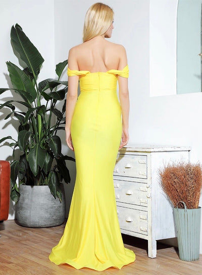 She’s Flawless Yellow Bardot Fishtail Maxi Dress - Fashion Genie Boutique