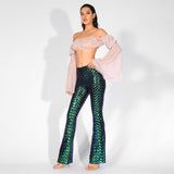 Ibiza Party Green Iridescent Sequin High Waisted Bootcut Trousers - Fashion Genie Boutique