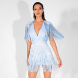 Bittersweet Blue Pearl Embellished Fringe Mini Dress - Fashion Genie Boutique