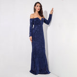 Dressed To Thrill Navy Sequin Bardot Maxi Dress - Fashion Genie Boutique
