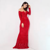 Dressed To Thrill Red Sequin Bardot Maxi Dress - Fashion Genie Boutique