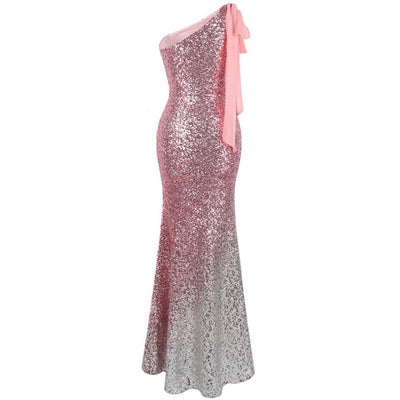 Oh My Posh Pink & Silver Sequin Gradient One Shoulder Maxi Gown Dress - Fashion Genie Boutique