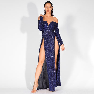 So Lavish Navy Sequin Bardot Double Split Maxi Dress - Fashion Genie Boutique