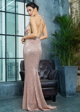 Alabama Rose Gold Cowl Neck Sequin Maxi Fishtail Dress - Fashion Genie Boutique