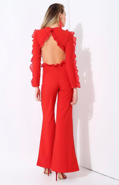 Vogueing Red Frill Sleeve Jumpsuit - Fashion Genie Boutique