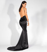 Glowing Goddess Black Satin Fishtail Maxi Dress - Fashion Genie Boutique
