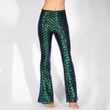 Ibiza Party Green Iridescent Sequin High Waisted Bootcut Trousers - Fashion Genie Boutique