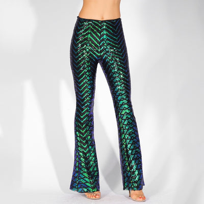 Ibiza Party Green Iridescent Sequin High Waisted Bootcut Trousers - Fashion Genie Boutique