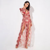 Lady Boss Red Sequin Long Sleeve Split Leg Jumpsuit - Fashion Genie Boutique