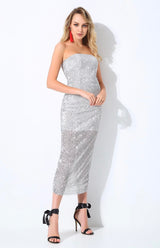 Glam Doll Silver Strapless Sequin Midi Dress - Fashion Genie Boutique