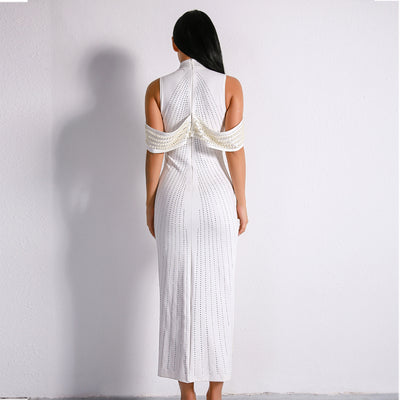 High Society White Stud Embellished Slinky Maxi Dress - Fashion Genie Boutique