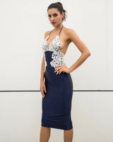 Laced With Love Navy Satin Midi Dress - Fashion Genie Boutique