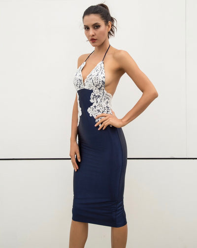 Laced With Love Navy Satin Midi Dress - Fashion Genie Boutique