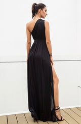 Dream Day Black Lace Asymmetric Satin Maxi Dress - Fashion Genie Boutique