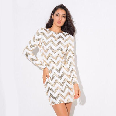Life Of The Party Gold And White Sequin Long Sleeve Mini Dress - Fashion Genie Boutique