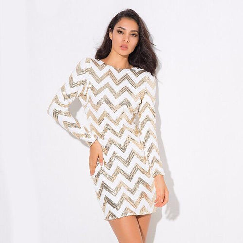 Life Of The Party Gold And White Sequin Long Sleeve Mini Dress - Fashion Genie Boutique