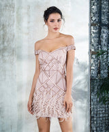 Supernova Rose Gold Bardot Sequin Feather Mini Dress - Fashion Genie Boutique