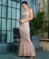 Luxury Night Rose Gold Sequin One Shoulder Maxi Gown Dress - Fashion Genie Boutique