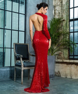 Luxury Night Red Sequin One Shoulder Maxi Gown Dress - Fashion Genie Boutique