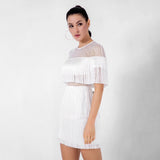 Shimmy Shake White Mesh Panel Fringe Mini Dress - Fashion Genie Boutique
