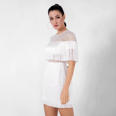 Shimmy Shake White Mesh Panel Fringe Mini Dress - Fashion Genie Boutique