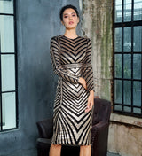 Forever Gold & Black Long Sleeve Sequin Midi Dress - Fashion Genie Boutique
