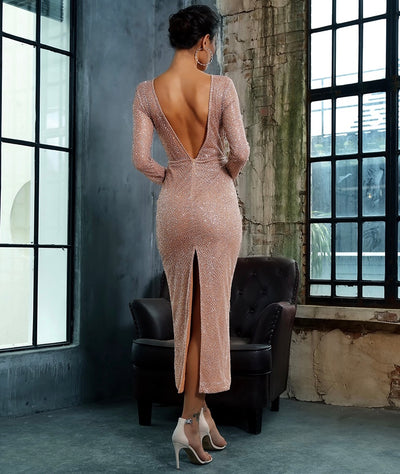 Deep Into You Rose Gold Long Sleeve Glitter Embellished Midi Dress - Fashion Genie Boutique