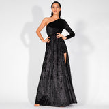 Just One Wish Black Velvet One Shoulder Long Sleeve Maxi Playsuit - Fashion Genie Boutique