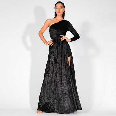 Just One Wish Black Velvet One Shoulder Long Sleeve Maxi Playsuit - Fashion Genie Boutique