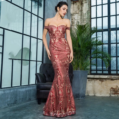 Dress Me Pretty Red Bardot Glitter Fishtail Maxi Dress - Fashion Genie Boutique