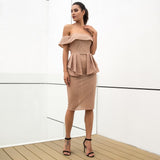 Ciao Babe Gold Bardot Glitter Embellished Peplum Midi Dress - Fashion Genie Boutique