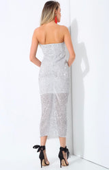 Glam Doll Silver Strapless Sequin Midi Dress - Fashion Genie Boutique