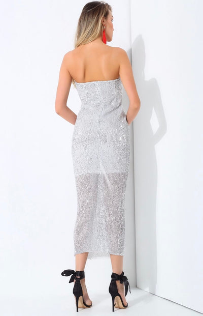 Glam Doll Silver Strapless Sequin Midi Dress - Fashion Genie Boutique