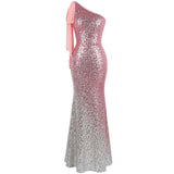Oh My Posh Pink & Silver Sequin Gradient One Shoulder Maxi Gown Dress - Fashion Genie Boutique