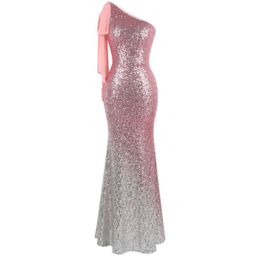 Oh My Posh Pink & Silver Sequin Gradient One Shoulder Maxi Gown Dress - Fashion Genie Boutique