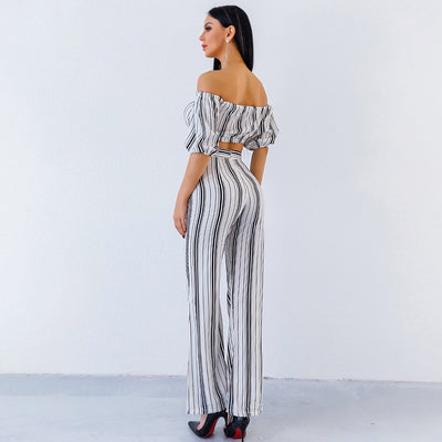Love Poem Multi Two Piece Trousers & Bardot Crop Top Co-Ord - Fashion Genie Boutique
