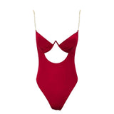 Cool Casual Red Chain Strap Cut Out Bodysuit - Fashion Genie Boutique
