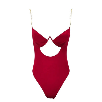 Cool Casual Red Chain Strap Cut Out Bodysuit - Fashion Genie Boutique