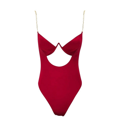 Cool Casual Red Chain Strap Cut Out Bodysuit - Fashion Genie Boutique