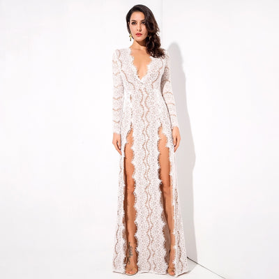 Walking Goddess White Long Sleeve Double Split Maxi Dress - Fashion Genie Boutique